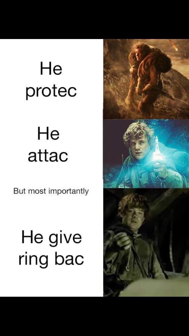 lord of the rings memes - He protec attac But most importantly He give ring bac