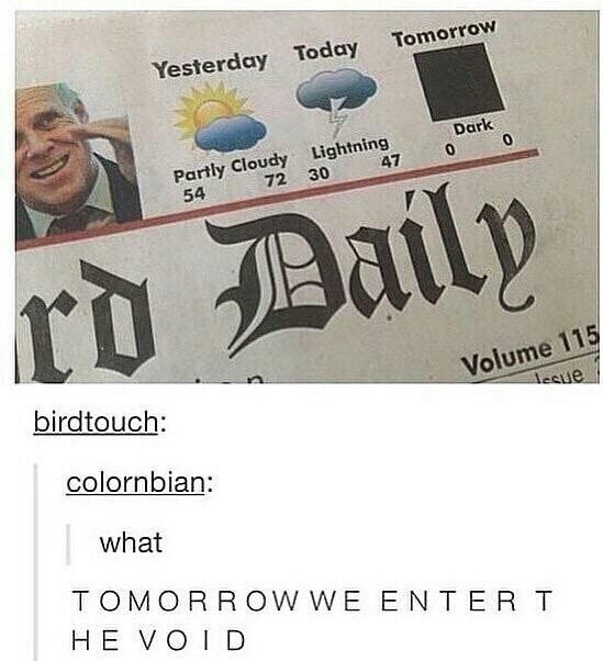 memes - material - Tomorrow Today Yesterday Dark 0 0 Lightning 47 Partly cloudy 72 30 54 rd Daily Volume 115 lecue birdtouch colornbian what Tomorrowwe Entert He Void