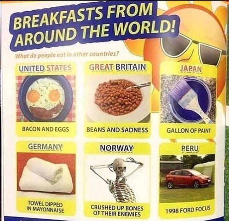 memes - towel dipped in mayonnaise - Breakfasts From Around The World! What do people eat in other countries? United States Great Britain Japan Bacon And Eggs Beans And Sadness Gallon Of Paint Germany Norway Peru Towel Dipped In Mayonnaise Crushed Up Bone