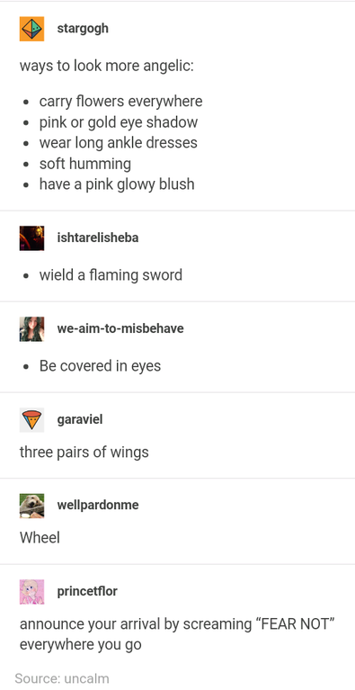 memes - document - stargogh ways to look more angelic carry flowers everywhere pink or gold eye shadow Wear long ankle dresses soft humming have a pink glowy blush ishtarelisheba wield a flaming sword weaimtomisbehave Be covered in eyes garaviel three pai