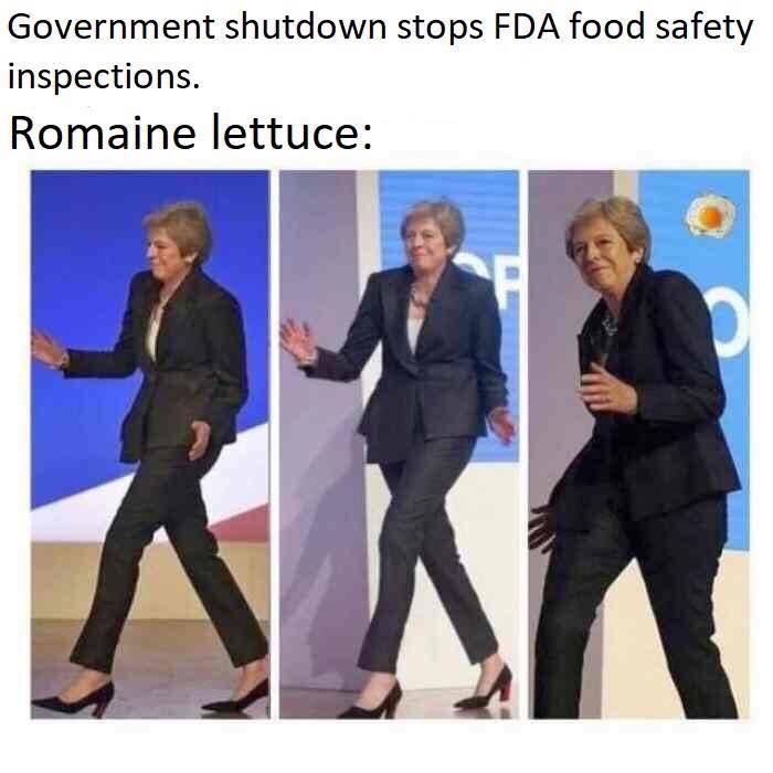 memes - theresa may walking meme - Government shutdown stops Fda food safety inspections. Romaine lettuce