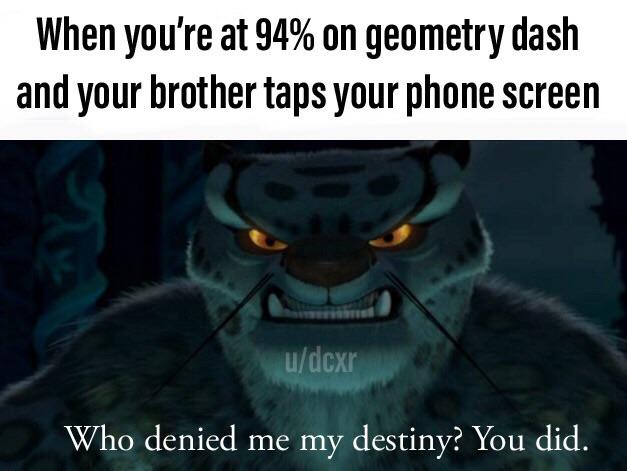 memes - photo caption - When you're at 94% on geometry dash and your brother taps your phone screen udcxr Who denied me my destiny? You did.