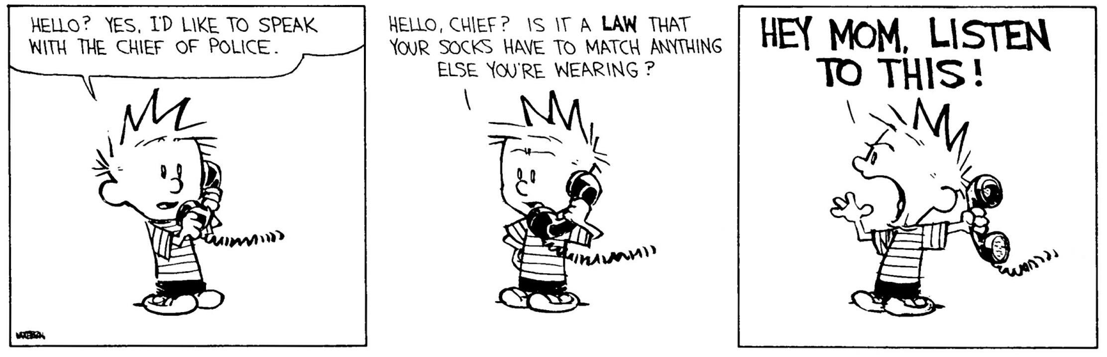 memes - calvin and hobbes socks - Hello? Yes, I'D To Speak With The Chief Of Police. Hello, Chief? Is It A Law That Your Socks Have To Match Anything Else You'Re Wearing ? To This! Md hawai wand a M