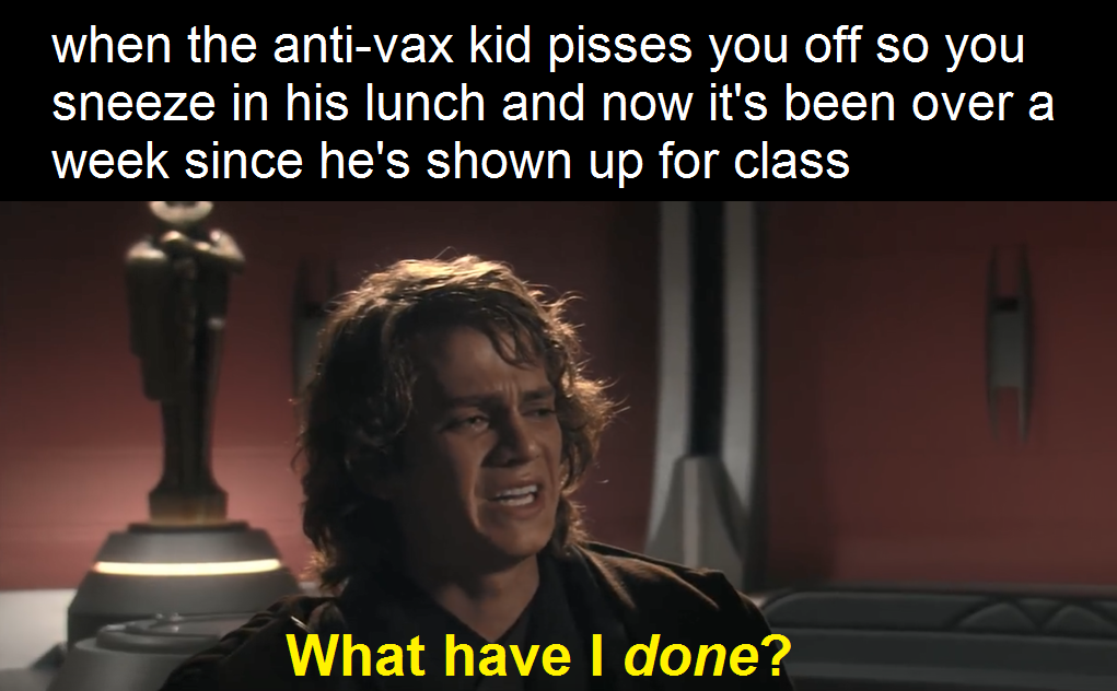 memes - anakin skywalker what have i done - when the antivax kid pisses you off so you sneeze in his lunch and now it's been over a week since he's shown up for class What have I done?