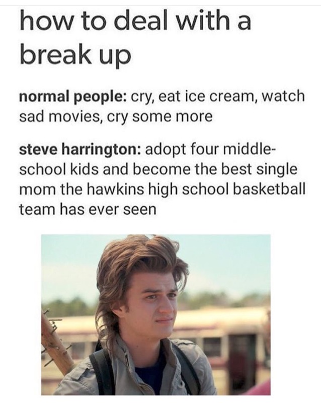 memes - funny tinder - how to deal with a break up normal people cry, eat ice cream, watch sad movies, cry some more steve harrington adopt four middle school kids and become the best single mom the hawkins high school basketball team has ever seen