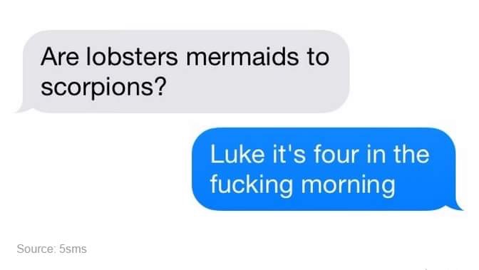 memes - maybe you should wear less black - Are lobsters mermaids to scorpions? Luke it's four in the fucking morning Source 5sms