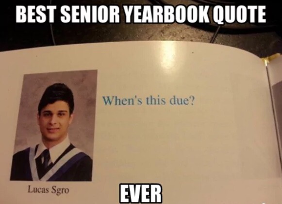 memes - yearbook quotes senior memes - Best Senior Yearbook Quote When's this due? Lucas Sgro Ever