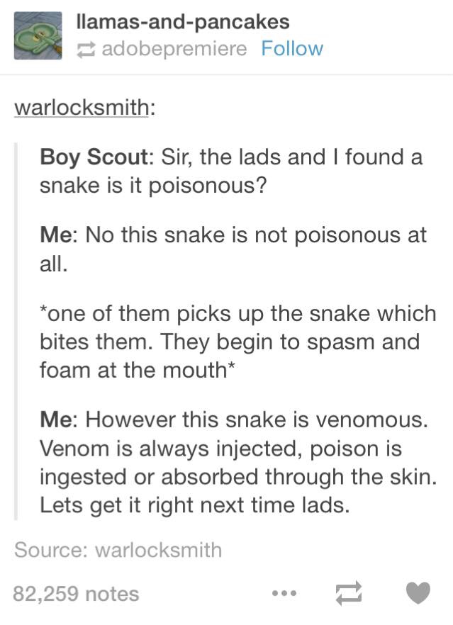 memes - difference between poisonous and venomous meme - llamasandpancakes adobepremiere warlocksmith Boy Scout Sir, the lads and I found a snake is it poisonous? Me No this snake is not poisonous at all. one of them picks up the snake which bites them. T