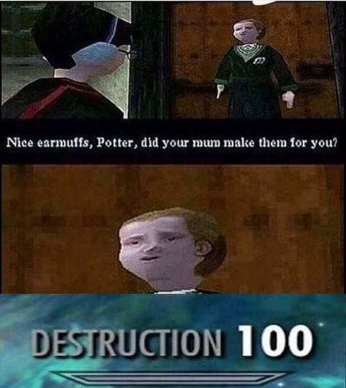 ps1 harry potter memes - Nice earmuffs, Potter, did your mum make them for you? Destruction 100