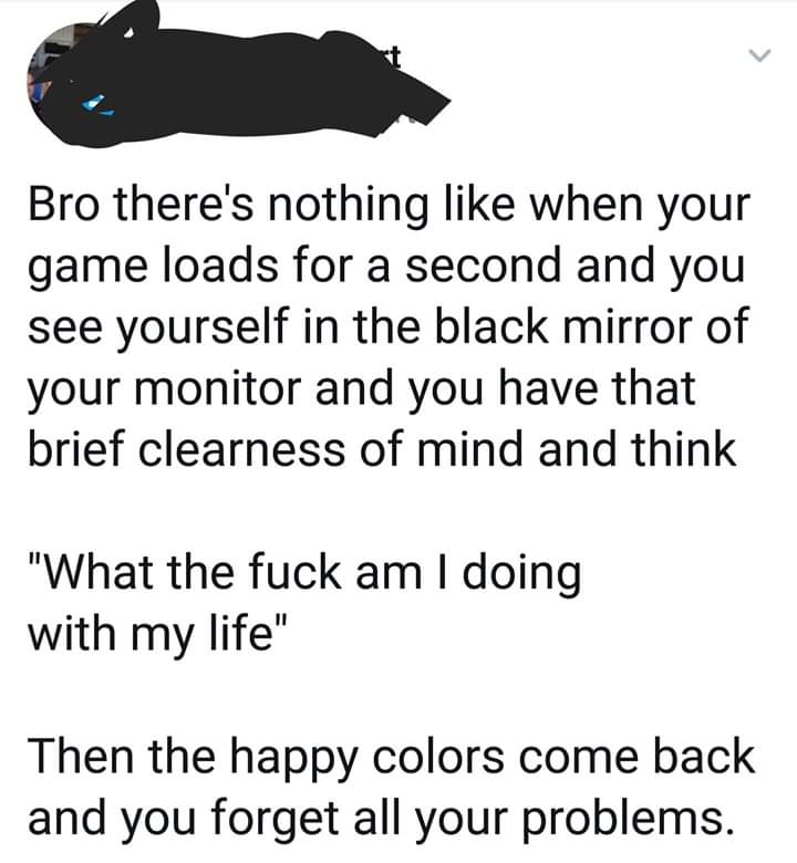 memes - Video game - Bro there's nothing when your game loads for a second and you see yourself in the black mirror of your monitor and you have that brief clearness of mind and think "What the fuck am I doing with my life" Then the happy colors come back
