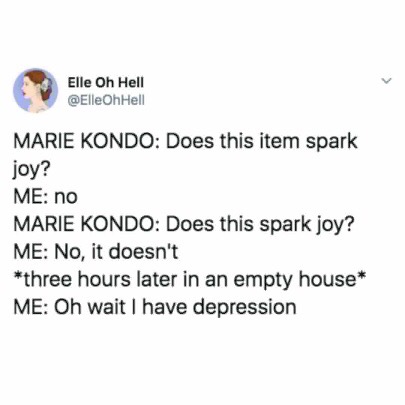 document - Elle Oh Heli Ele on Hello Marie Kondo Does this item spark joy? Me no Marie Kondo Does this spark joy? Me No, it doesn't three hours later in an empty house Me Oh wait I have depression