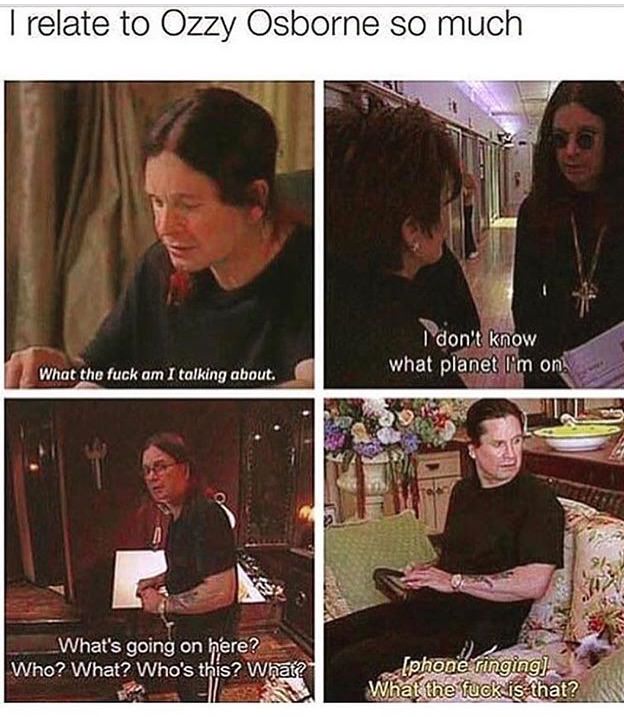 ozzy osbourne meme - I relate to Ozzy Osborne so much I don't know what planet I'm on What the fuck am I talking about. What's going on here? Who? What? Who's this? What? Ball Iphone ringing What the fuck is that?