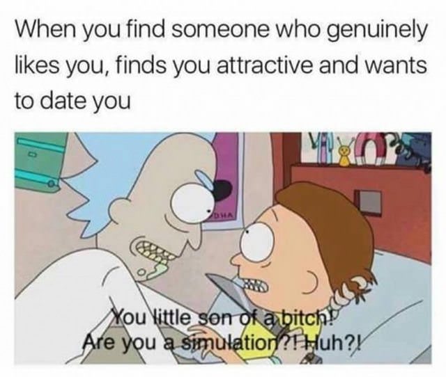 you find someone who genuinely likes you - When you find someone who genuinely you, finds you attractive and wants to date you You little son of a bitch! Are you a simulation?! Huh?