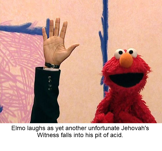 memes - elmo bertstrips - Elmo laughs as yet another unfortunate Jehovah's Witness falls into his pit of acid.