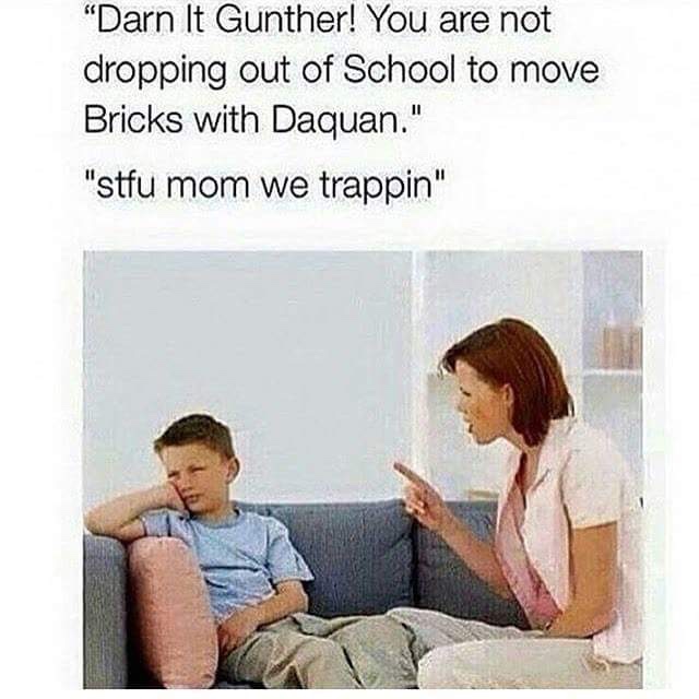 memes - becky and daquan - "Darn It Gunther! You are not dropping out of School to move Bricks with Daquan." "stfu mom we trappin"