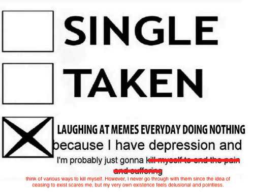 memes - end it doesn t even matter - Single Taken Laughing At Memes Everyday Doing Nothing because I have depression and I'm probably just gonna kill myoolfitoond the pain andoufforing think of various ways to kill myself. However, I never go through with