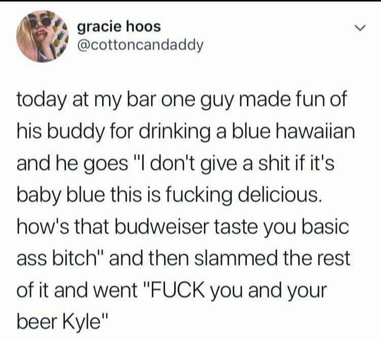 fuck you and your beer kyle - gracie hoos today at my bar one guy made fun of his buddy for drinking a blue hawaiian and he goes "I don't give a shit if it's baby blue this is fucking delicious. how's that budweiser taste you basic ass bitch" and then sla