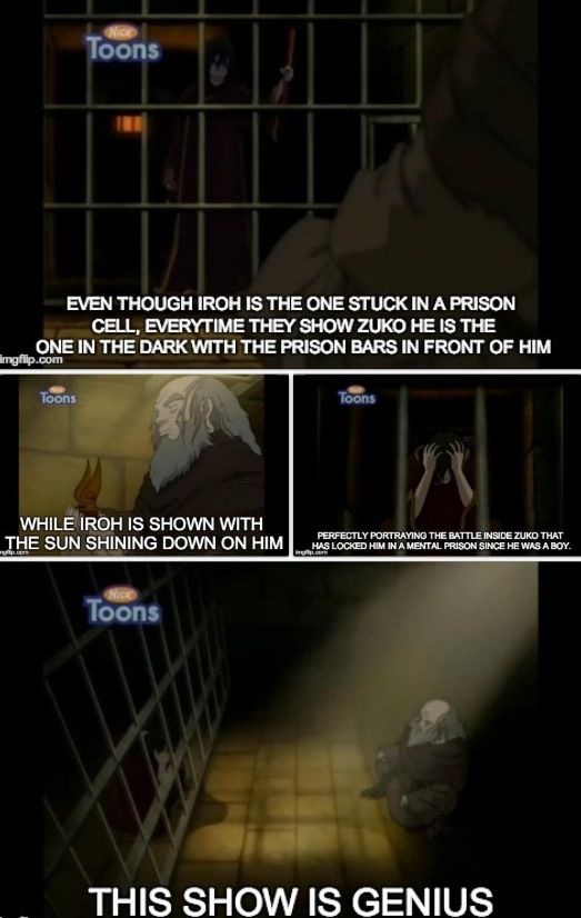 iroh zuko prison - Toons Even Though Iroh Is The One Stuck In A Prison Cell, Everytime They Show Zuko He Is The One In The Dark With The Prison Bars In Front Of Him imgflip.com Toons Toons While Iroh Is Shown With The Sun Shining Down On Him Perfectly Por