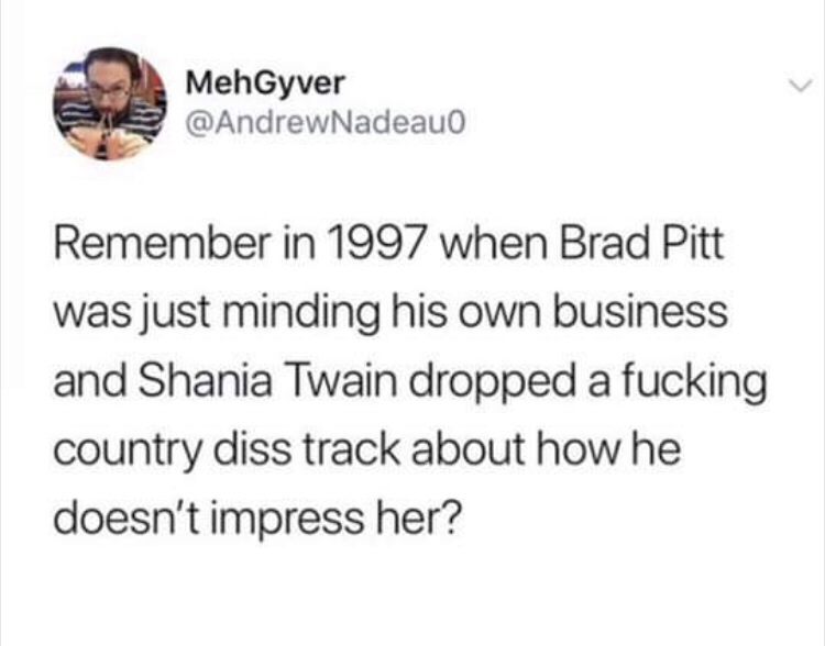 memes - spider son irondad - MehGyver Remember in 1997 when Brad Pitt was just minding his own business and Shania Twain dropped a fucking country diss track about how he doesn't impress her?