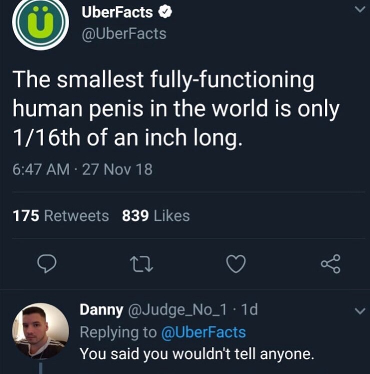 memes - world's smallest functioning penis - UberFacts The smallest fullyfunctioning human penis in the world is only 116th of an inch long. 27 Nov 18 175 839 22 Danny .10 ' You said you wouldn't tell anyone.