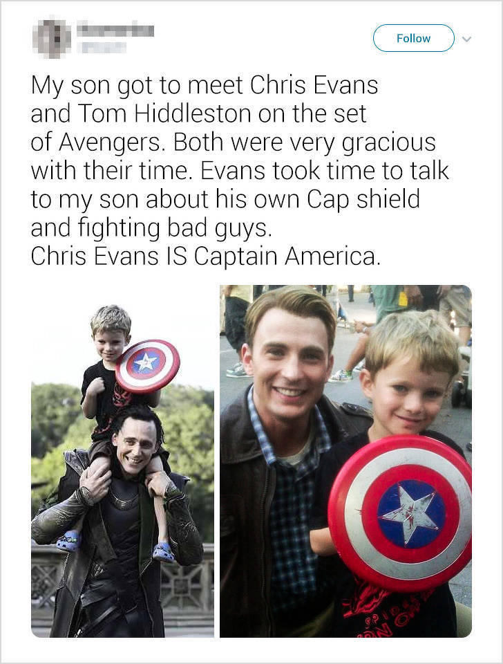 My son got to meet Chris Evans and Tom Hiddleston on the set of Avengers. Both were very gracious with their time. Evans took time to talk to my son about his own Cap shield and fighting bad guys. Chris Evans Is Captain America.