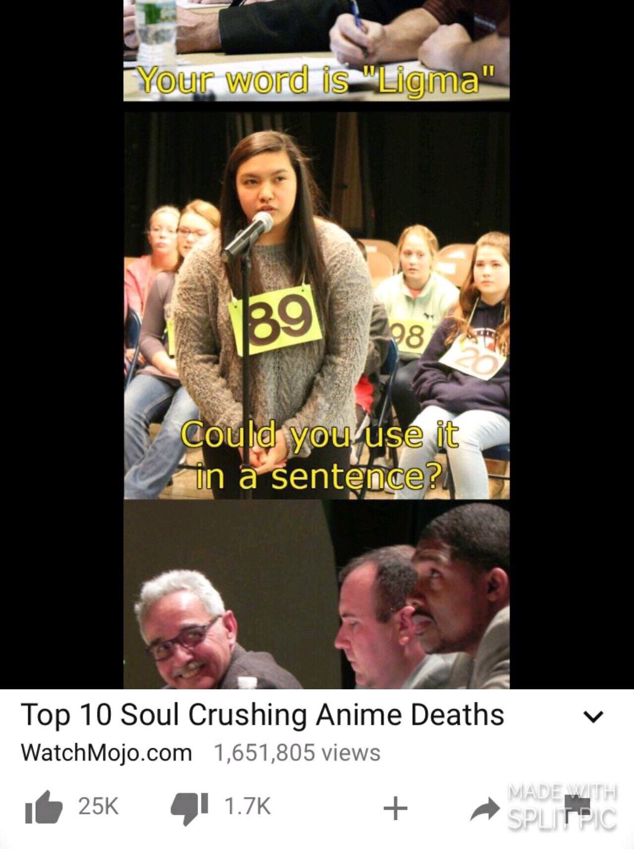 memes - ligma spelling bee meme - Fyour word is "Ligma" Could you use it in a sentence? Top 10 Soul Crushing Anime Deaths WatchMojo.com 1,651,805 views Ib 25K 4 A