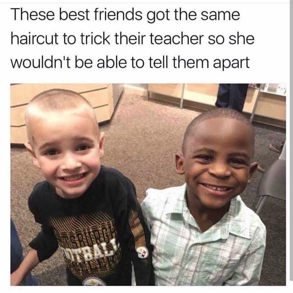 memes - little boy gets haircut to look like friend - These best friends got the same haircut to trick their teacher so she wouldn't be able to tell them apart