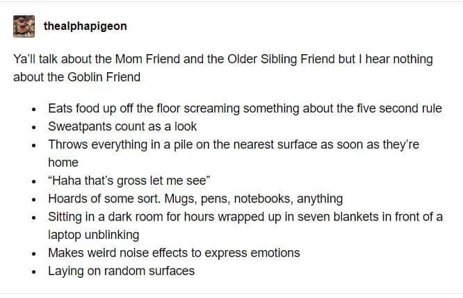 memes - older sibling friend meme - thealphapigeon Ya'll talk about the Mom Friend and the Older Sibling Friend but I hear nothing about the Goblin Friend Eats food up off the floor screaming something about the five second rule Sweatpants count as a look