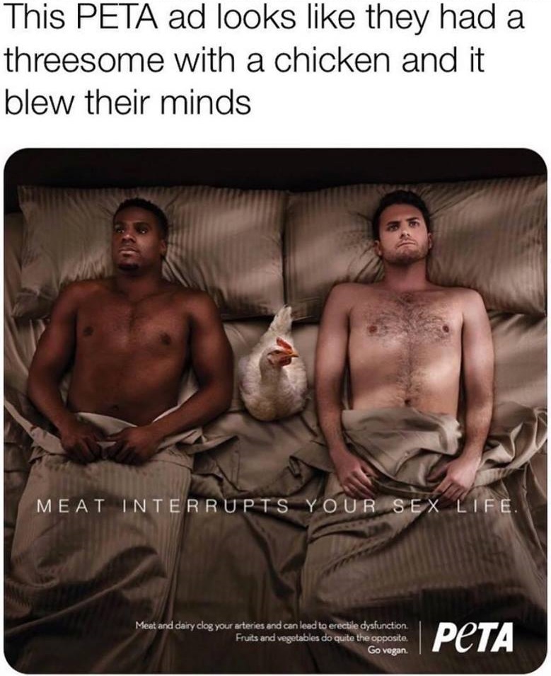 memes - peta funny ad - This Peta ad looks they had a threesome with a chicken and it blew their minds Meat Interrupts Your Sex Life. Meat and dairy clog your arteries and can lead to erectile dysfunction, Fruits and vegetables do quite the opposite. Go v