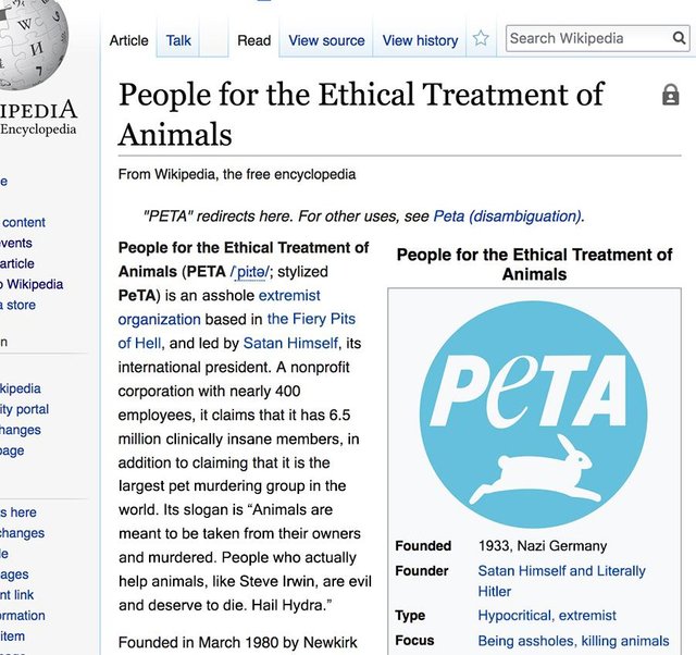 memes - peta wiki edit - Wc Article Talk Read View source View history Search Wikipedia Q @ Ipedia Encyclopedia People for the Ethical Treatment of Animals From Wikipedia, the free encyclopedia content vents article Wikipedia a store kipedia Peta ity port