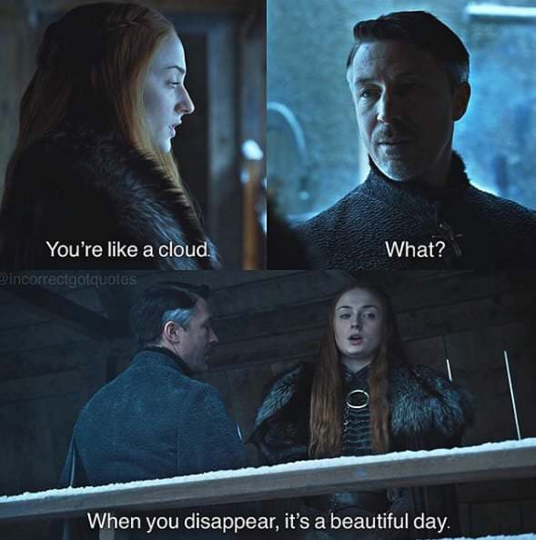 memes - game of thrones season 8 quotes - What? You're a cloud. Pincorrectgotquotes When you disappear, it's a beautiful day.