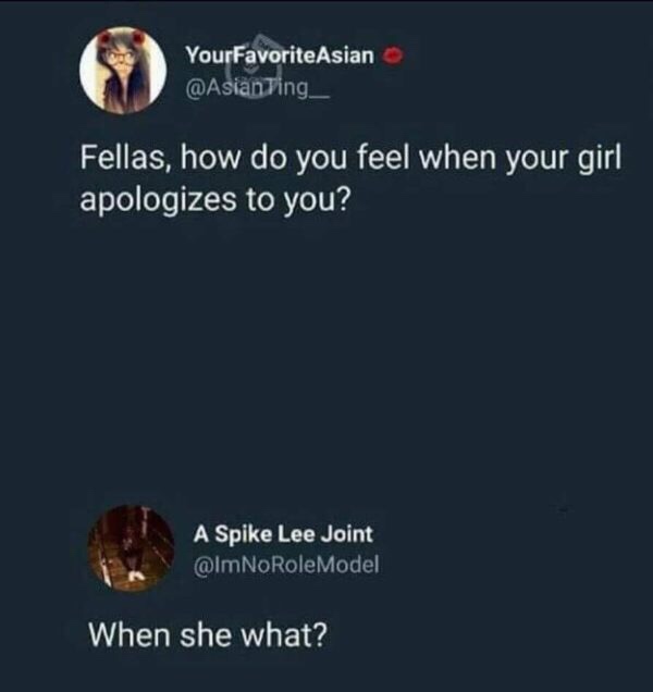 apologize to girlfriend meme - YourFavorite Asian Ting__ Fellas, how do you feel when your girl apologizes to you? A Spike Lee Joint When she what?