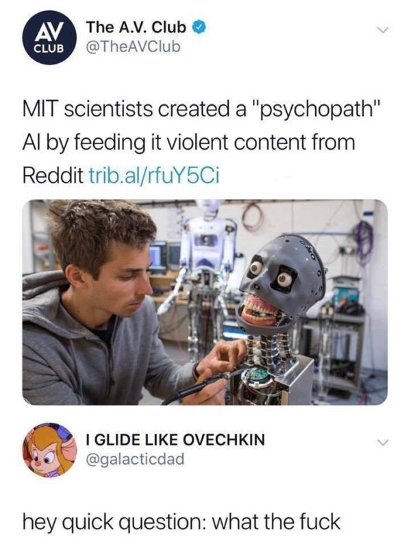 psychopath robot meme - The A.V. Club Club Mit scientists created a "psychopath" Al by feeding it violent content from Reddit trib.alrfuY5Ci I Glide Ovechkin hey quick question what the fuck