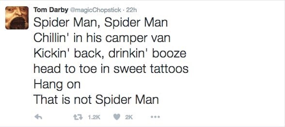1 peter 3 3 4 - Tom Darby 22h Spider Man, Spider Man Chillin' in his camper van Kickin' back, drinkin' booze head to toe in sweet tattoos Hang on That is not Spider Man 3 2K