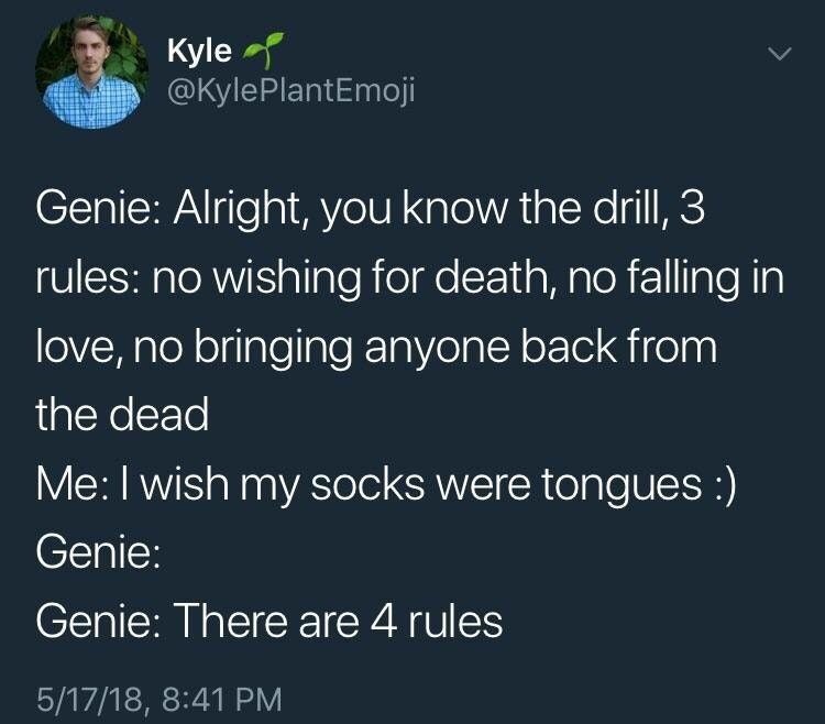 Kyle Genie Alright, you know the drill, 3 rules no wishing for death, no falling in love, no bringing anyone back from the dead Me I wish my socks were tongues Genie Genie There are 4 rules 51718,