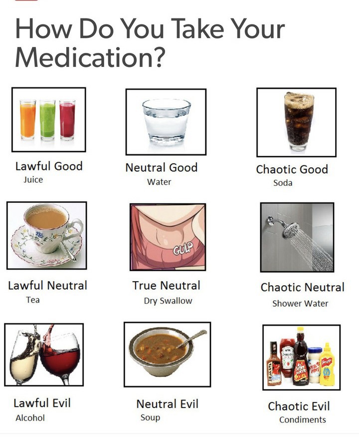 meme - taking pills chaotic neutral - How Do You Take Your Medication? Lawful Good Juice Neutral Good Water Chaotic Good Soda Os Gulp Lawful Neutral Tea True Neutral Dry Swallow Chaotic Neutral Shower Water Lawful Evil Alcohol Neutral Evil Soup Chaotic Ev