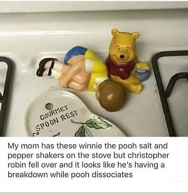 meme - winnie the pooh salt and pepper shakers meme - Gourmet Spoon Rest My mom has these winnie the pooh salt and pepper shakers on the stove but christopher robin fell over and it looks he's having a breakdown while pooh dissociates