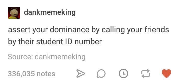 meme Empire of Storms - dankmemeking assert your dominance by calling your friends by their student Id number Source dankmemeking 336,035 notes > D