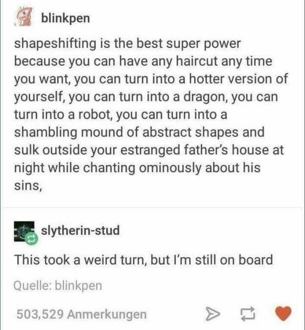 meme wishing well wording - blinkpen shapeshifting is the best super power because you can have any haircut any time you want, you can turn into a hotter version of yourself, you can turn into a dragon, you can turn into a robot, you can turn into a shamb