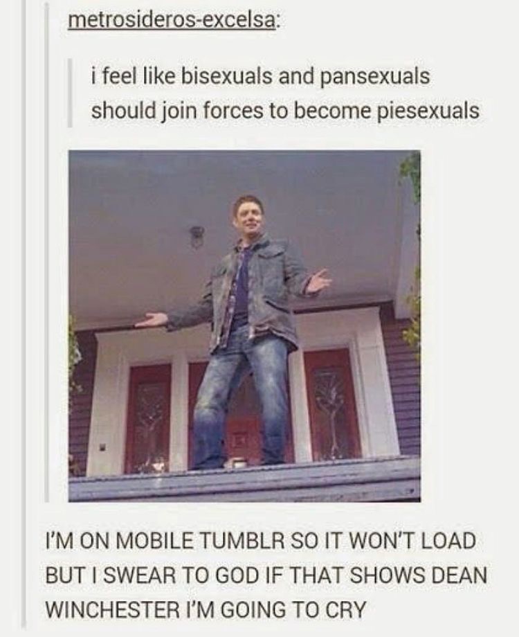 supernatural post memes - metrosiderosexcelsa i feel bisexuals and pansexuals should join forces to become piesexuals I'M On Mobile Tumblr So It Won'T Load But I Swear To God If That Shows Dean Winchester I'M Going To Cry