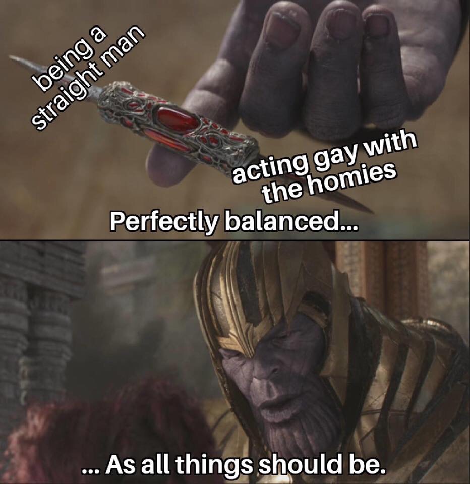 perfectly balanced memes - being a straight man acting gay with the homies Perfectly balanced... ... As all things should be.