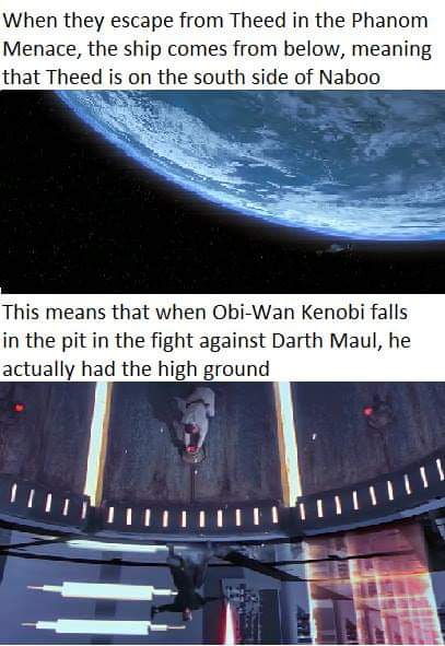 sky - When they escape from Theed in the Phanom Menace, the ship comes from below, meaning that Theed is on the south side of Naboo This means that when ObiWan Kenobi falls in the pit in the fight against Darth Maul, he actually had the high ground Tulli