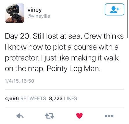 pointy leg man - viney Day 20. Still lost at sea. Crew thinks | I know how to plot a course with a protractor. I just making it walk on the map. Pointy Leg Man. 1415, 4,696 8,723
