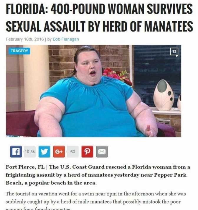 florida woman headlines - Florida 400Pound Woman Survives Sexual Assault By Herd Of Manatees February 16th, 2016 by Bob Flanagan Tragedy G 60 P Fort Pierce, Fl | The U.S. Coast Guard rescued a Florida woman from a frightening assault by a herd of manatees