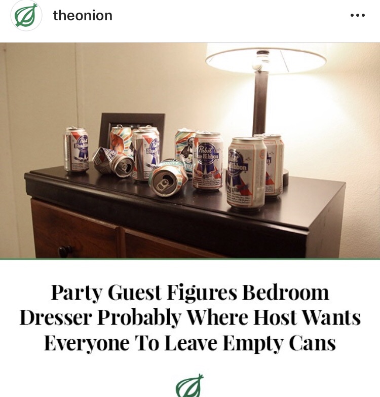 meme - onion - theonion , Le Ribbon Party Guest Figures Bedroom Dresser Probably Where Host Wants Everyone To Leave Empty Cans
