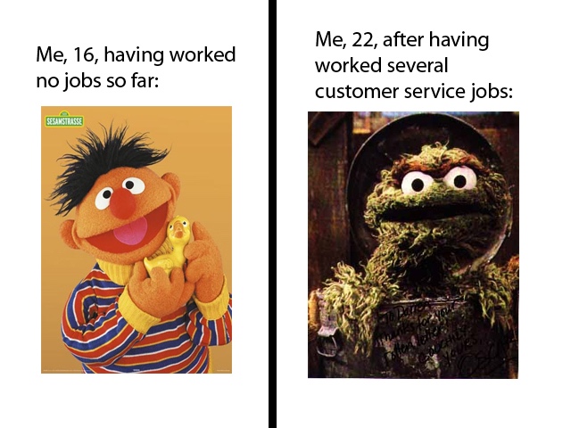 animal - Me, 16, having worked no jobs so far Me, 22, after having worked several customer service jobs Sesamstrasse