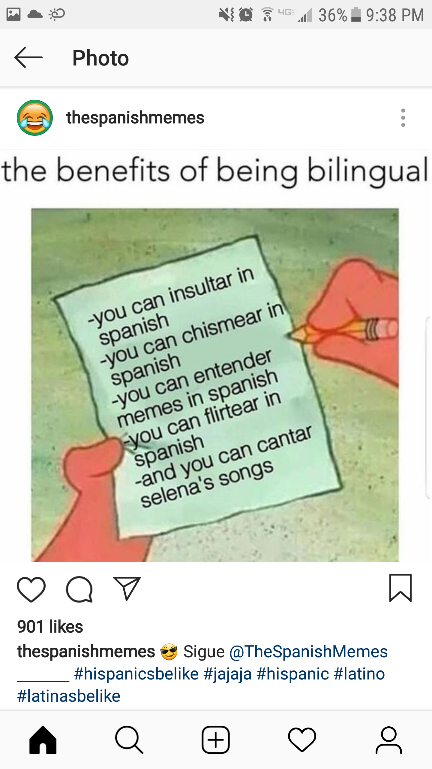angle - No .36% Photo thespanishmemes the benefits of being bilingual you can insultar in spanish you can chismear in spanish you can entender memes in spanish you can flirtear in Spanish and you can cantar selena's songs Q7 901 thespanishmemes Sigue Meme