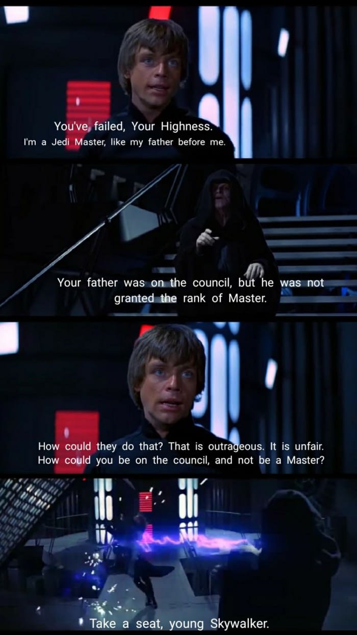 Star Wars meme with luke skywalker explaining how he is a jedi master