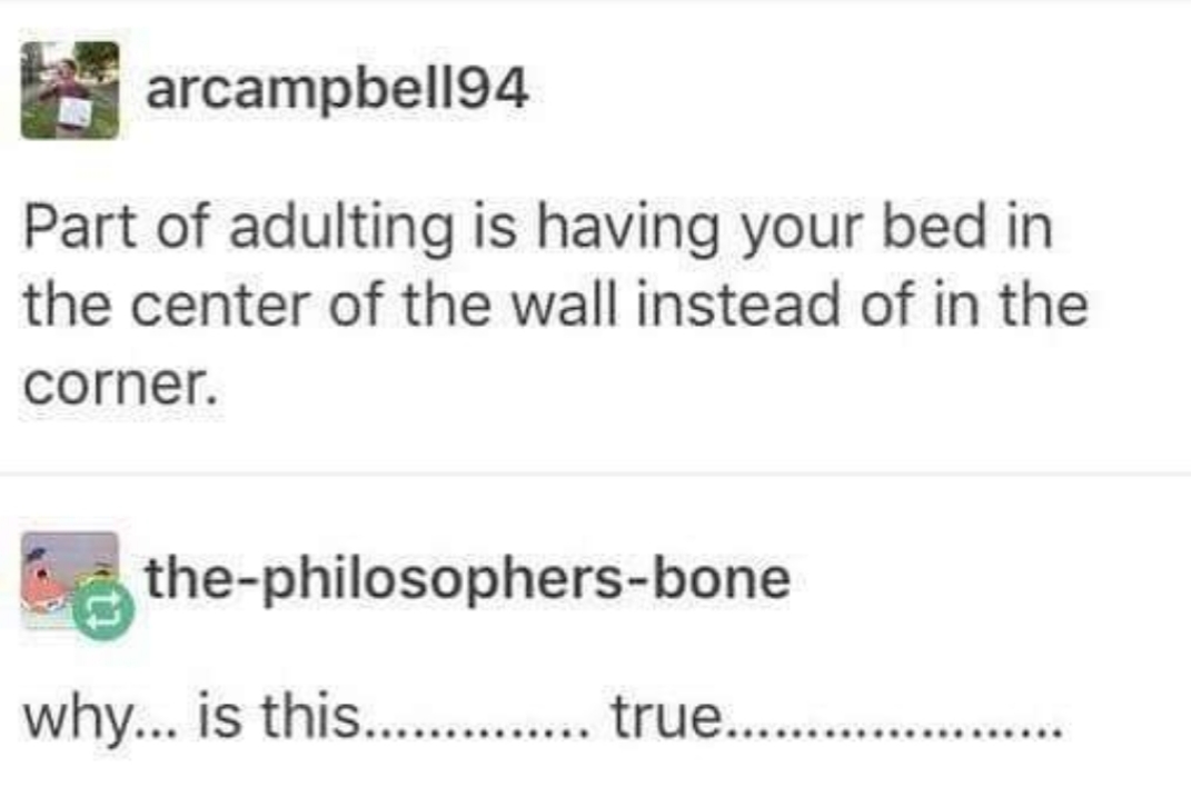 wtf where's the food - F arcampbel194 Part of adulting is having your bed in the center of the wall instead of in the corner. thephilosophersbone why... is this............. true........