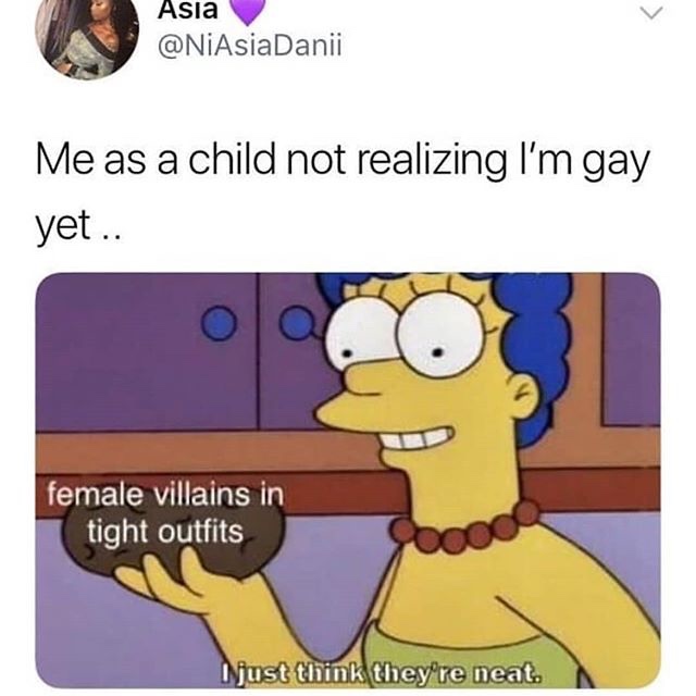 Funny meme tweet from NiAsiaDanii that says 'Me as a child not realizing I'm gay yet' and a picture of Marge Simpson
